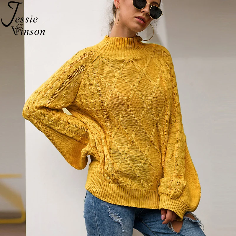 

Женский вязаный свитер Jessie Vinson, однотонный пуловер оверсайз с высоким воротником и длинным рукавом-фонариком, свободный джемпер, вязаная од...