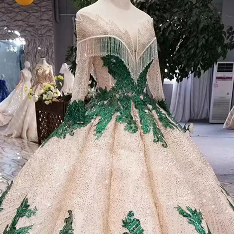 LS11252 ball gown evening dresses with green appliques special o-neck long sleeves dubai prom curve shape ladies | Свадьбы и