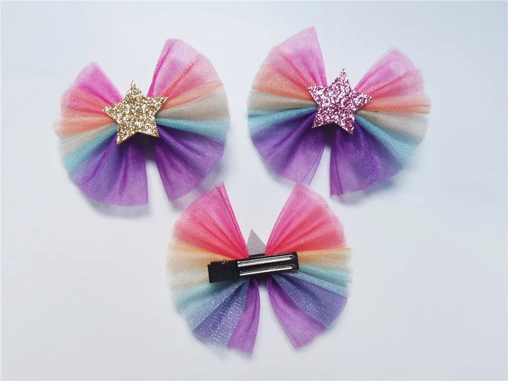 

12pcs Fashion Cute Glitter Star Bowknot Alligator Clips Gradient Rainbow Color Bow Hairpins Princess Headwear Hair Accessories