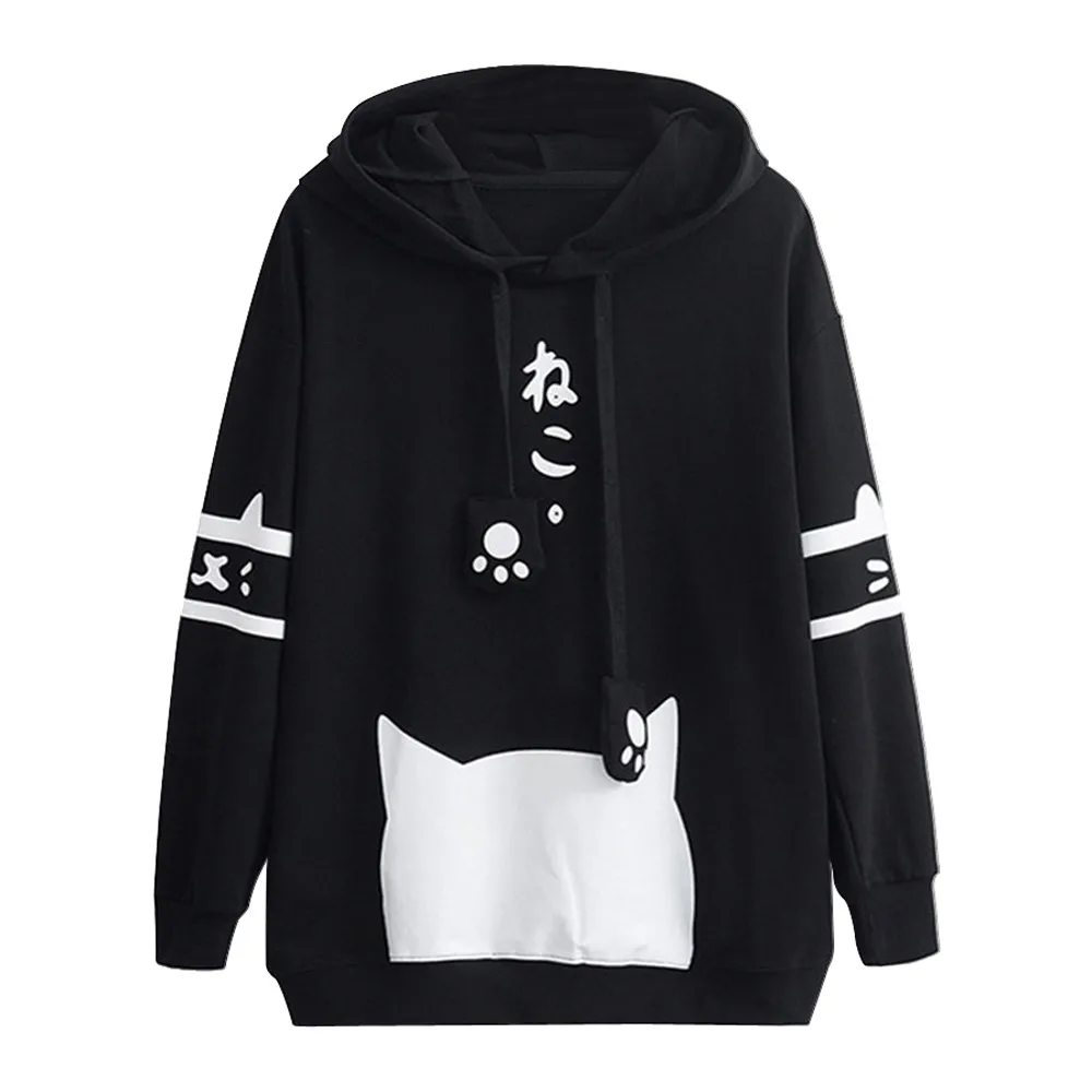 Womens Casual Long Sleeve Kitty Cat Print Pocket Thin Hoodie Top Sweatshirt Streetwear Women Oversized Hoodies Moletom Feminino