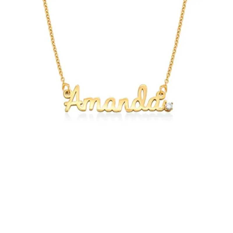 Stainless Steel Thin Chain Name Necklace Personalized Customized Crystal Stone Embellished Gold-color Silver-color Rose-gold
