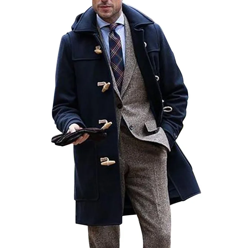 

Men's Woolen Coat Trend Windbreaker 2021 Solid Color Mid-Length Lapel Long Jacket Men's Slim Fit Windbreak Coats Homme Plus Size