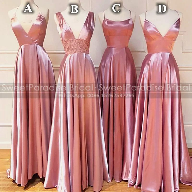Rose Pink A Line Bridesmaid Dresses With Appliques Waist V Neck Long Sleeveless Real Photos Prom Dress Maid Of Honor Party