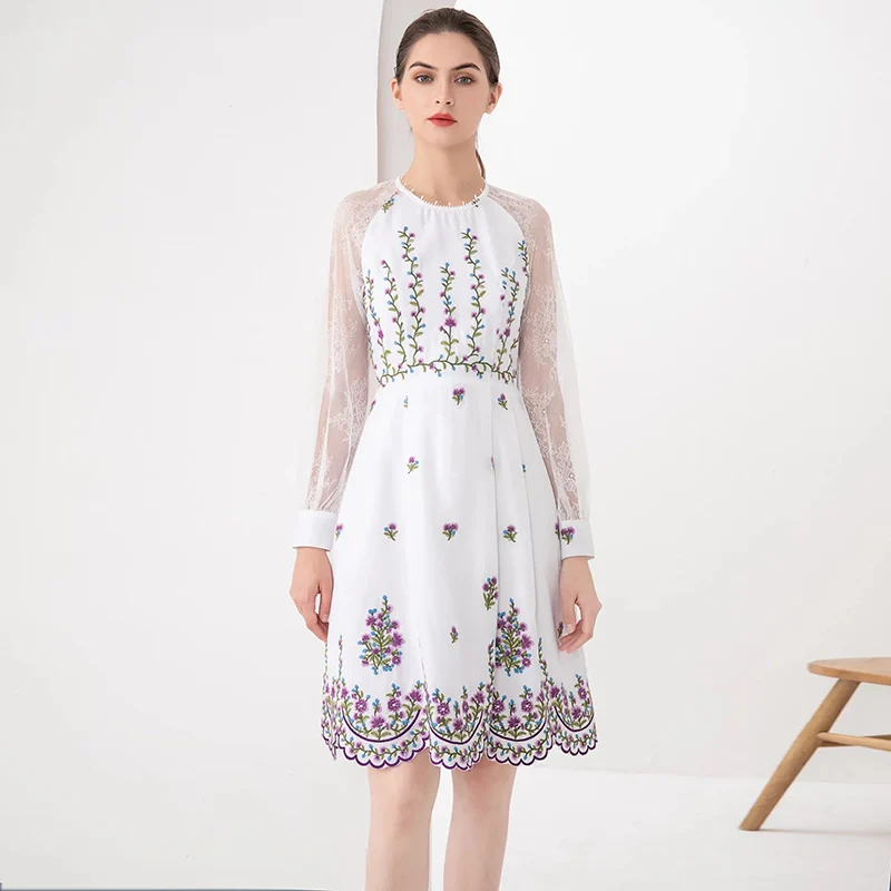 MIUXIMAO 2022 New Spring Women's Clothing O-Neck Long Sleeve Slim Waist Printing Embroidered Dress Fashion Elegant Casual Style