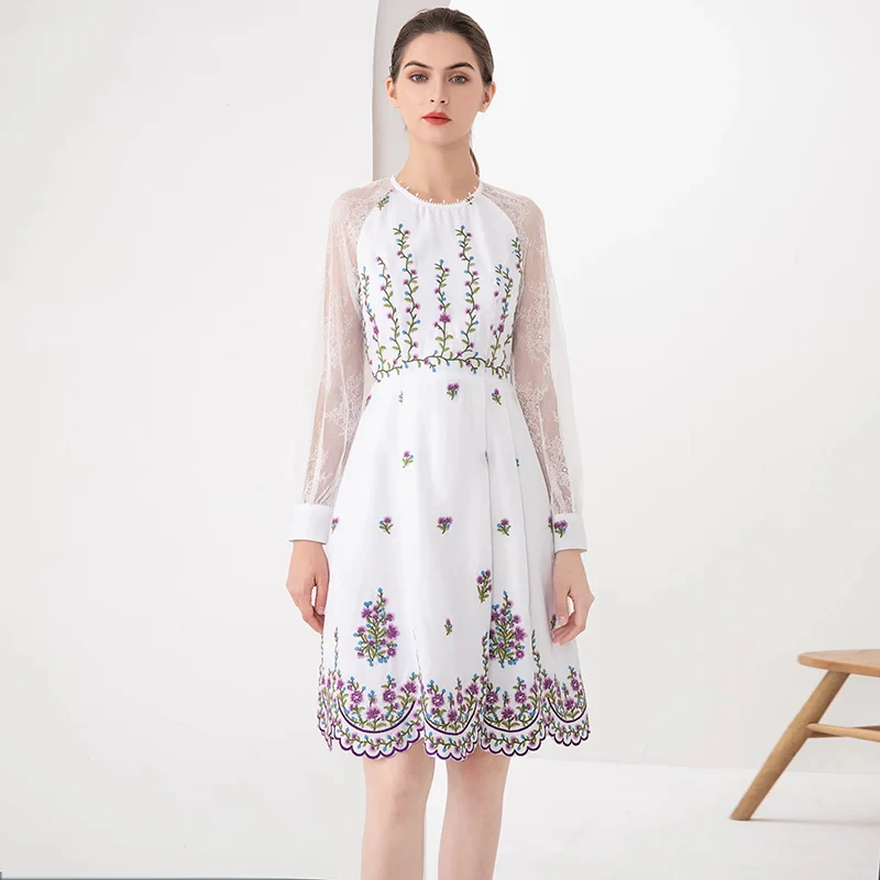 

MIUXIMAO 2022 New Spring Women's Clothing O-Neck Long Sleeve Slim Waist Printing Embroidered Dress Fashion Elegant Casual Style