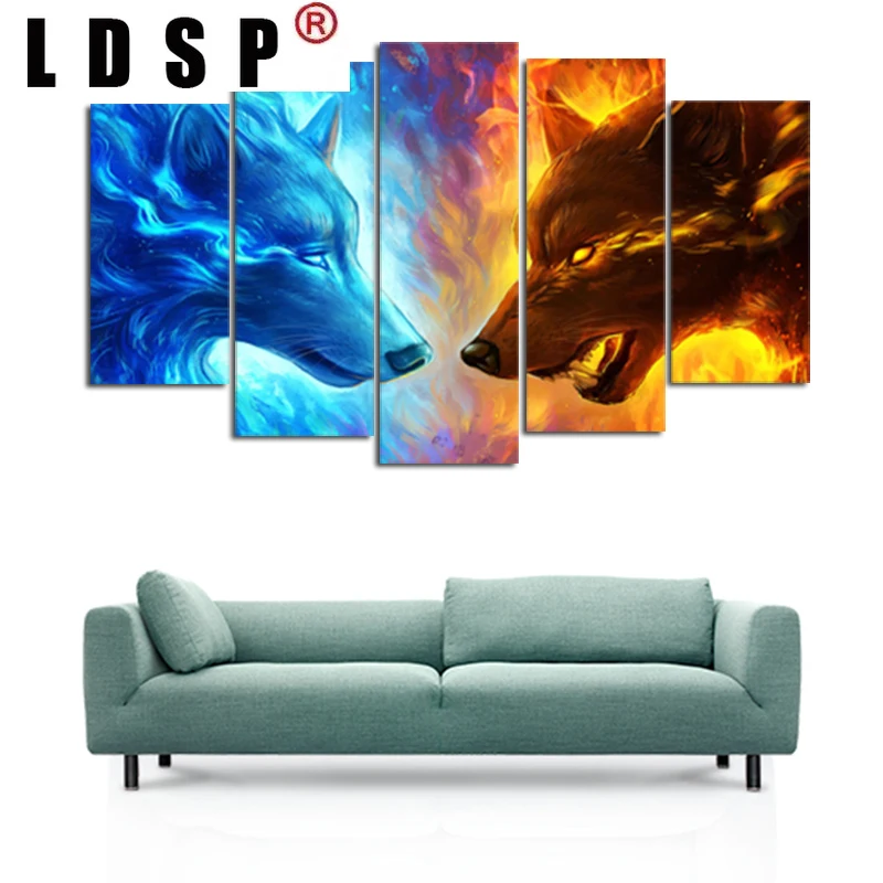 LDSP RELIABLI искусство 5 панелей лед и пламя волк холст живопись настенный плакат