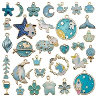 30pcs mixed pattern blue drop oil fish flower horse enamel charm diy jewelry bracelet necklace pendant gold tone float finding
