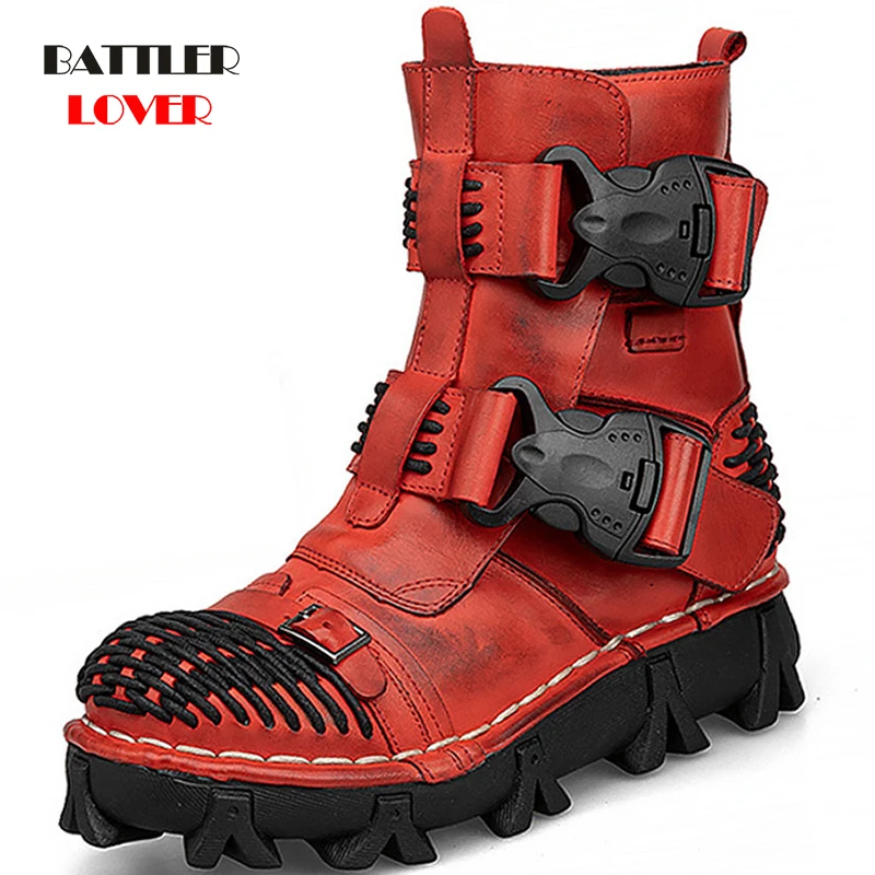 

Gothic Style Motorcycle Boots Men 100% Genuine Cow Leather Martin Botas for Male Military Steampunk Biker Footwear Plus Size 50