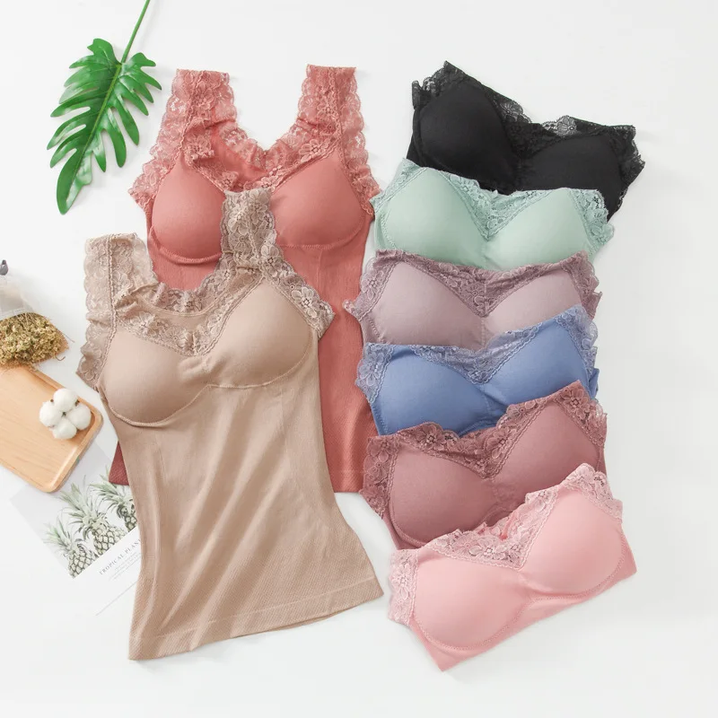 

Осень 2022, кружевной жилет Linbaiway с нагрудными подушечками, майка для женщин, нижнее белье пуш-ап, майка, сексуальный женский топ с V-образным вы...