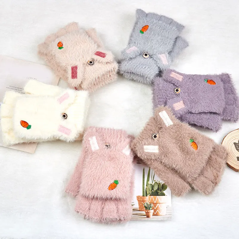 Симпатичные плюшевые перчатки с кроличьими ушками трикотажные мягкие