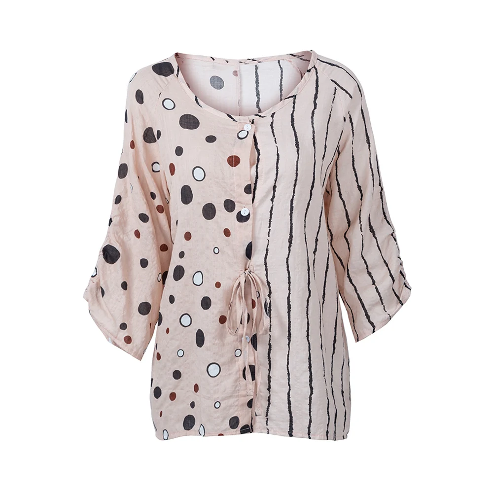 Женская винтажная Свободная блузка размера плюс с рукавом 3/4 полосатая рубашка в