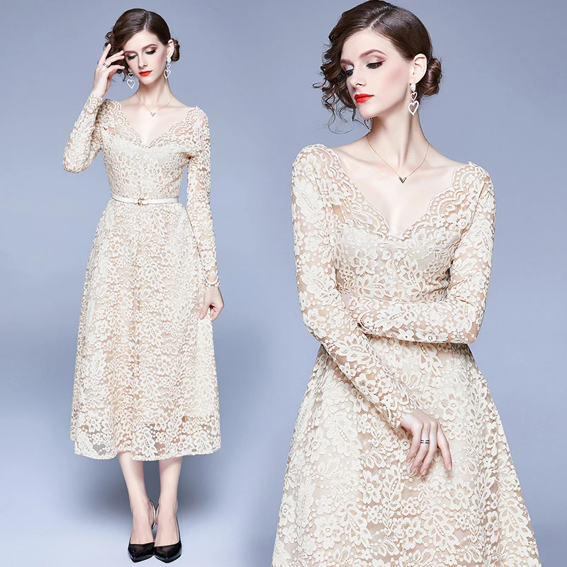 

2021 Long Sleeve Sweet Hollow Out Lace A-line Dress Women Spring Long Dresses Office Wear Swing Vestidos