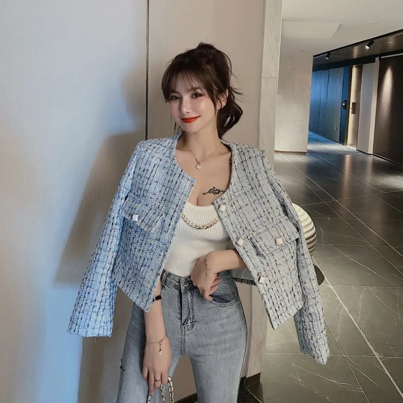 Женский твидовый укороченный топ модный ретро-топ с круглым вырезом в