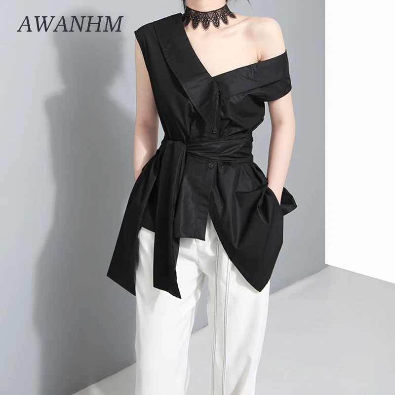 

Chic Design Sleeves Straps Big Bow Irregular Oblique Shoulder Shirt Women's Top
