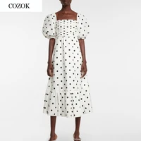 brand designer womens puff sleeve polka dot white long dress 2021 summer boho vacation dress for women