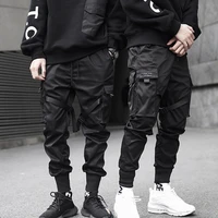 new hip hop boy multi pocket elastic waist design harem pant men streetwear punk trousers jogger male dancing black cargo pants