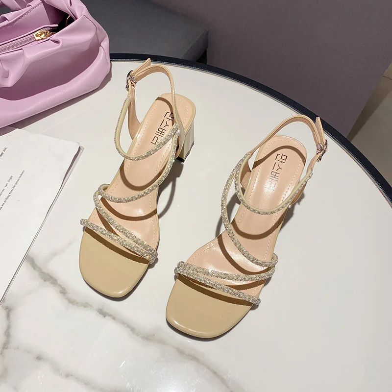 

sandals fairy style 2021 summer new Korean diamond women's shoes thick heel open toe Roman shoes