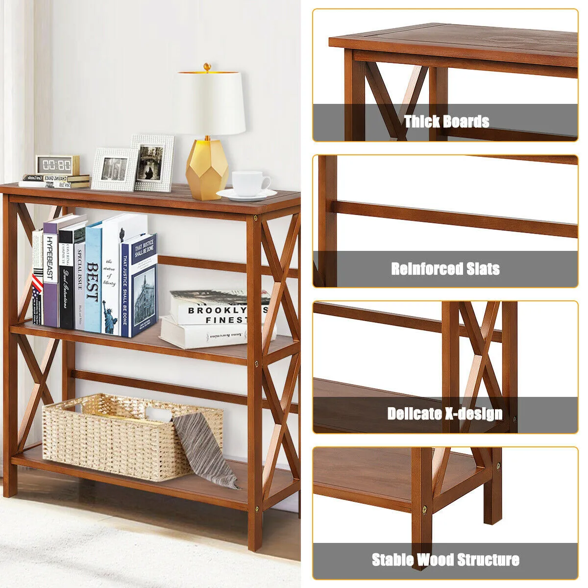 

GIANTEX 3-Tier Wooden Open Shelf Bookcase with X-Design HW63975