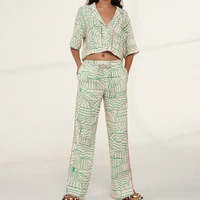 bm ur hm za womens 2021 summer new fashion slim linen pajama style casual pants printed drawstring elastic waist pants