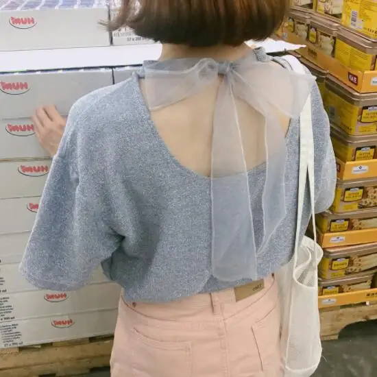 Новинка летняя женская футболка с бантом на шее Harajuku яркие шелковые футболки
