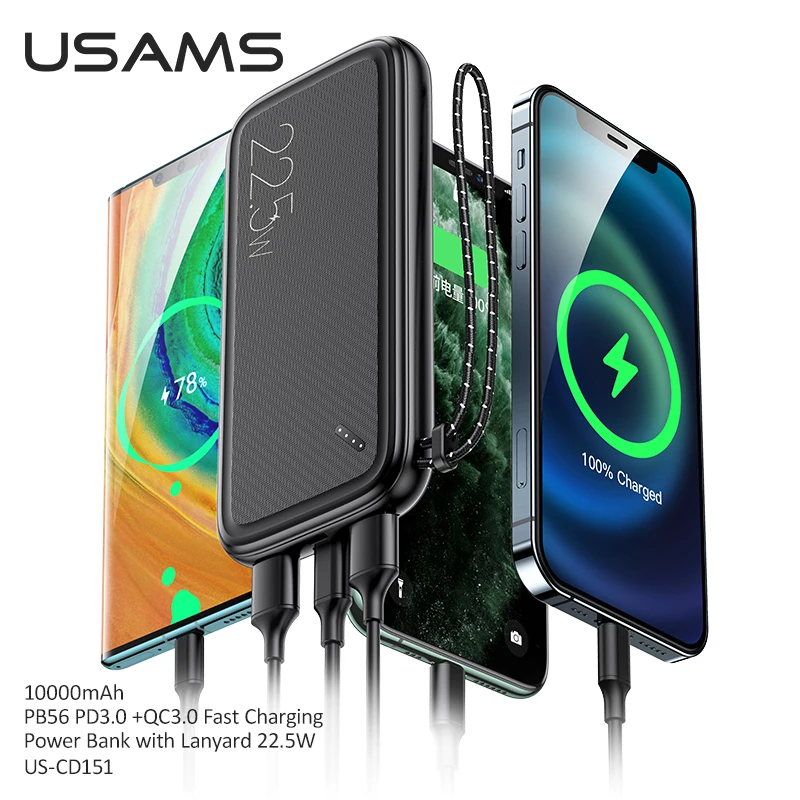 USAMS PD 22 5 Вт Быстрое зарядное устройство 10000 мАч QC3.0 FCP портативное с ремешком