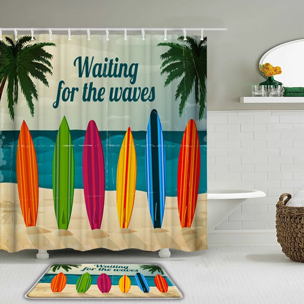 

Sea Ocean Drifting Surf Shower Curtain Set with Non Slip Rug Bath Mat Carpet Beach Bathroom Curtains Toilet Mat Home Decoration