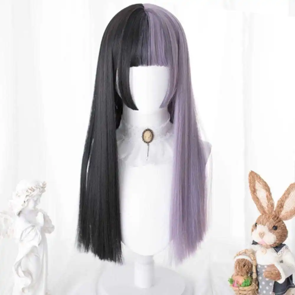

CosplayMix 60CM Women Long Straight Bangs Mixed Black Half Ombre Japan Halloween Synthetic Party Lolita Anime Cosplay Wig+C