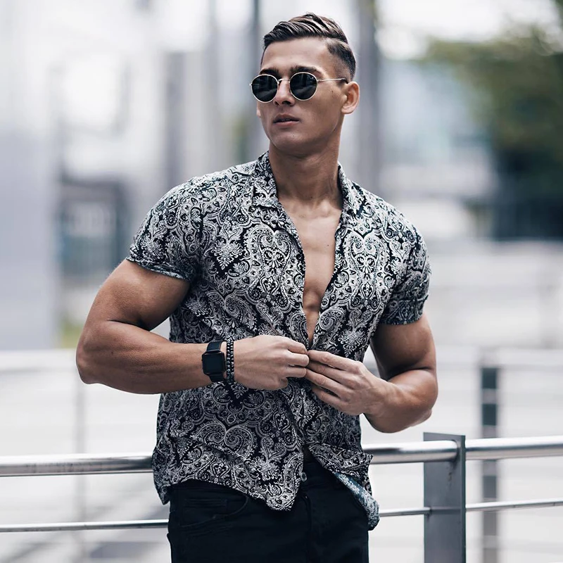 Рубашка мужская с принтом короткий рукав подол свободная Повседневная блуза