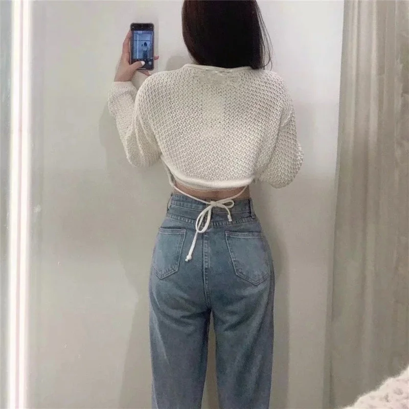 

2021 Open Back Woman Knit Sweater Za Casual Round Neck Long Puff Sleeve Sweaters Summer Backless Tied Loose Chic Sweaters Women