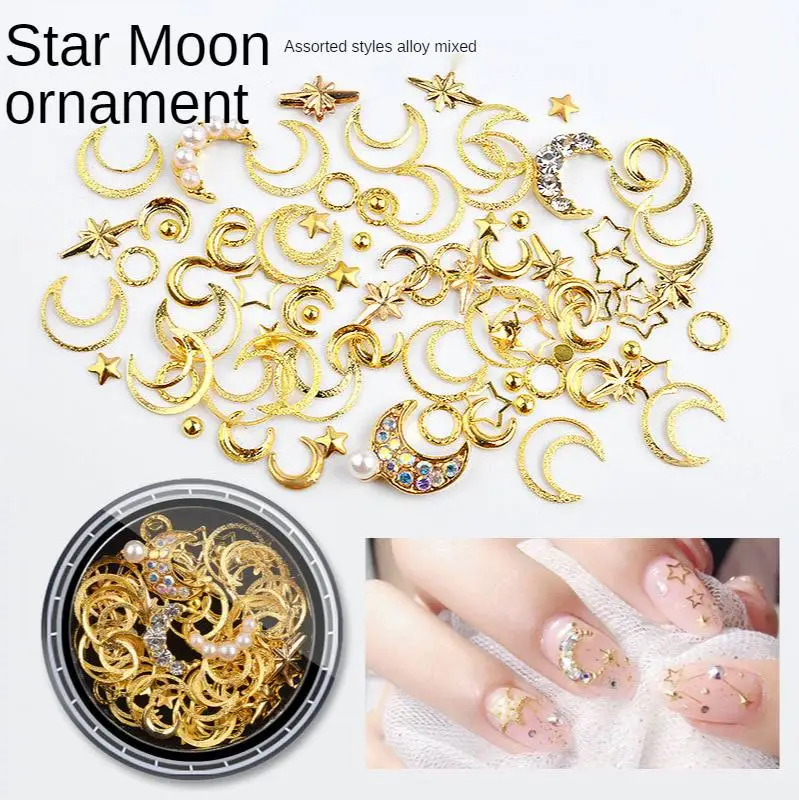 

1 Jar Nail Art Rhinestone Jewelry Accessories DIYstar and moon mixed suit metal copper round rivet Sequin Nail Drill decoration