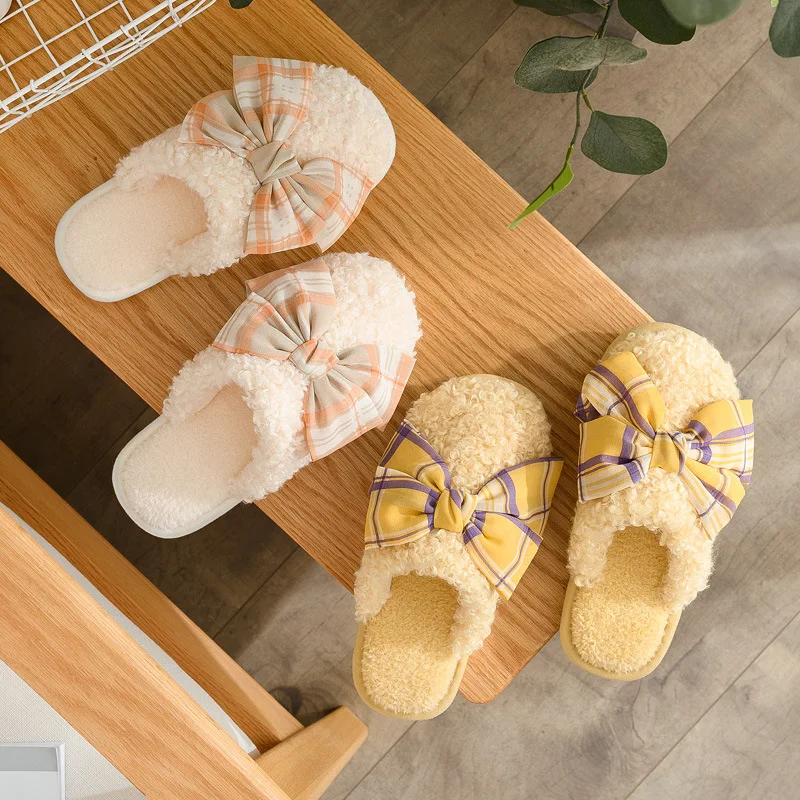 

New Winter Cotton Slippers Indoor Home Cute Plush Striped Big Bow Girl Heart Slippers Female Woman Slippers Fashion Shoes