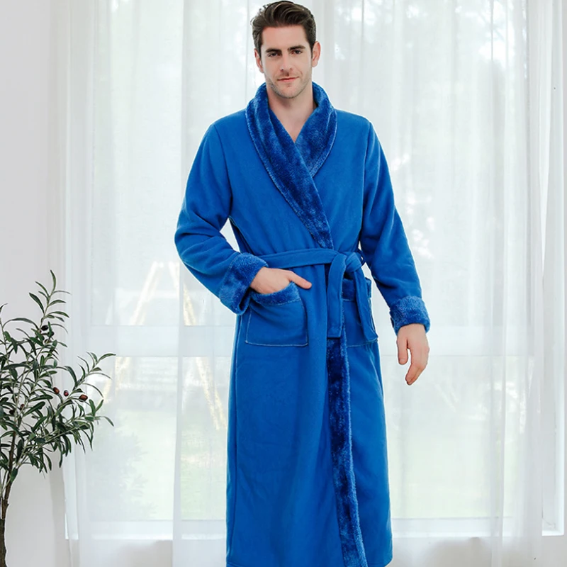 AIPEACEMen Casual Kimono Bathrobe Autumn Winter Flannel Long Robe Thick Warm Sleepwear Plus Size Nightgown Male Home Wear | Мужская