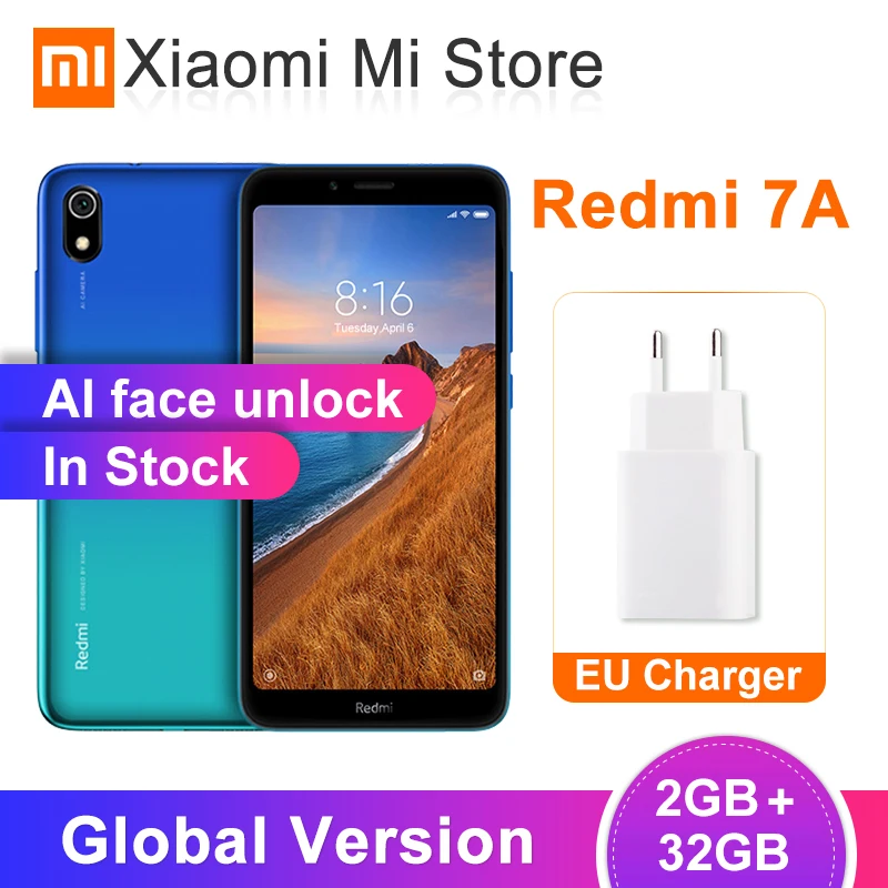 Глобальная версия Xiaomi Redmi 7A 2 ГБ 32 ГБ мобильный телефон 5,4" Snapdragon 439 Восьмиядерный 12MP камера AI лицо разблокировка телефонов