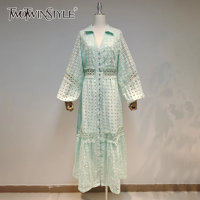 

TWOTWINSTYLE Hollow Out Spring Dress For Women Lapel Long Sleeve High Waist Patchwork Lace Midi Dresses Female Fashion New
