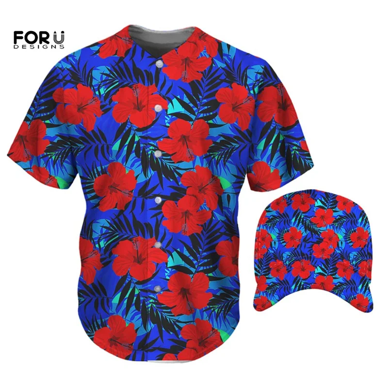 

FORUDESIGNS/мужская футболка с короткими рукавами и кепкой, Гавайский стиль, Hibiscus, цветы, кнопки печати, топы, большие футболки, хит продаж