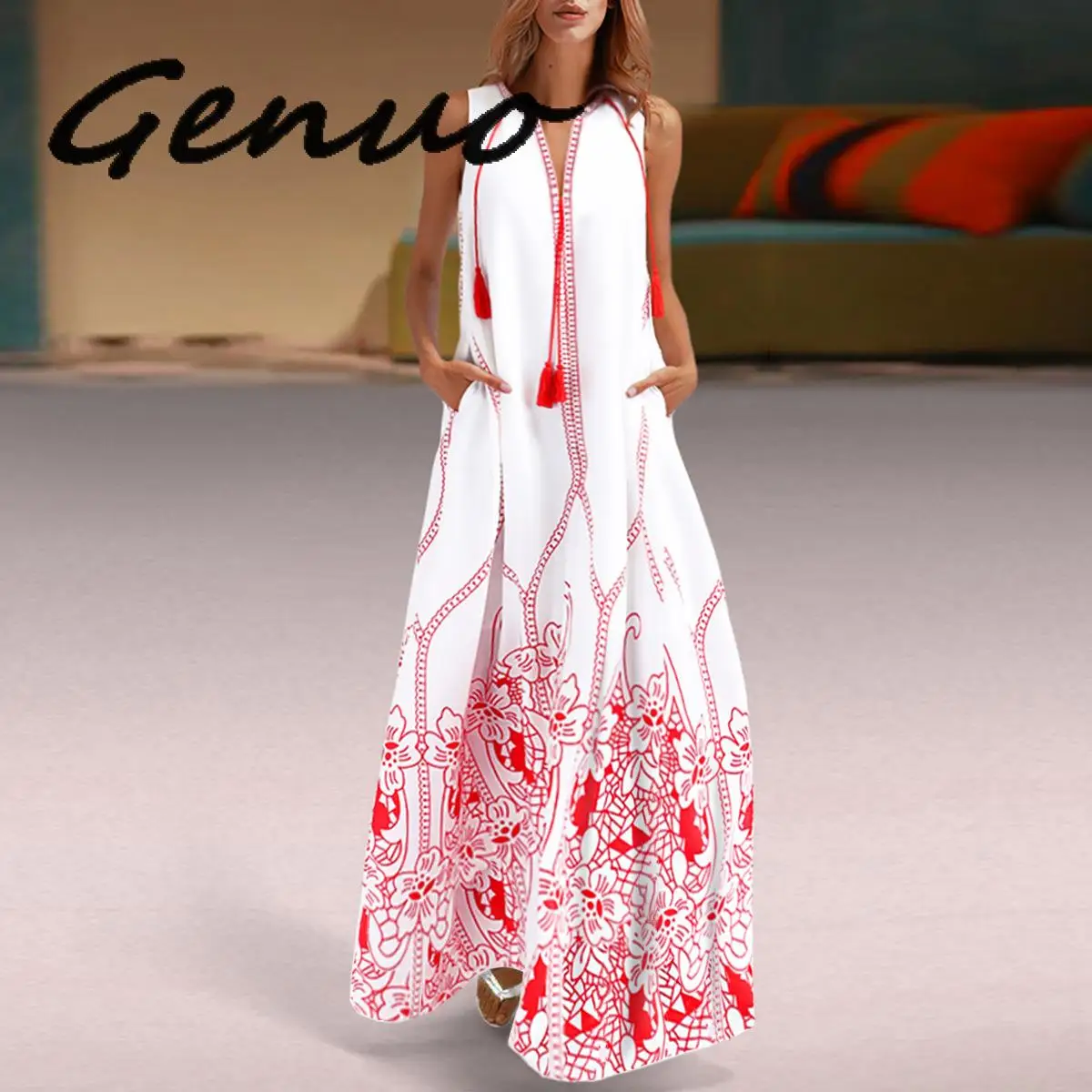 Женское длинное платье без рукавов вечернее в восточном стиле с бахромой