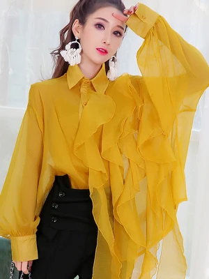 

Женская шифоновая рубашка, асимметричный дизайн, новая Корейская модель на раннюю весну, с рукавами-фонариками, 2021