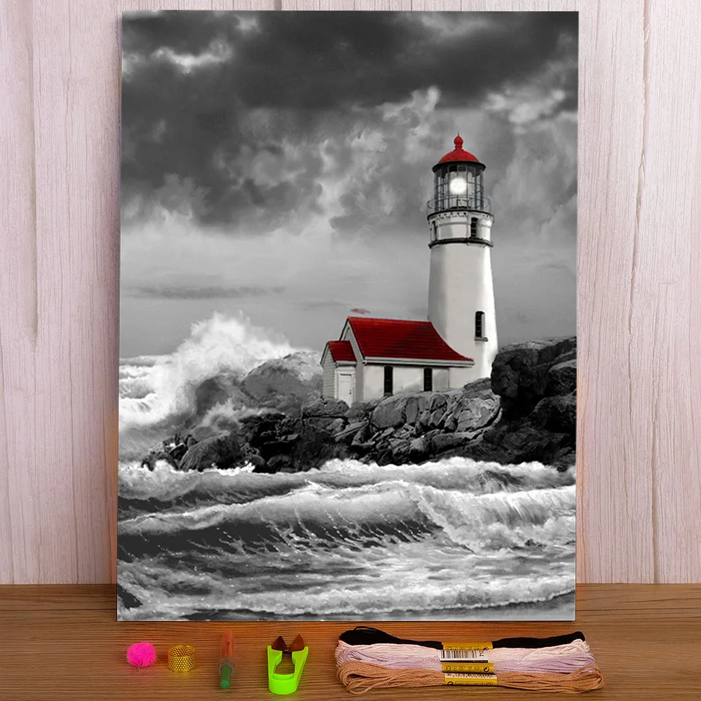 

Landscape Lighthouse Printed Canvas 11CT Cross Stitch Full Kit DIY Embroidery DMC Threads Needlework Handmade Decor