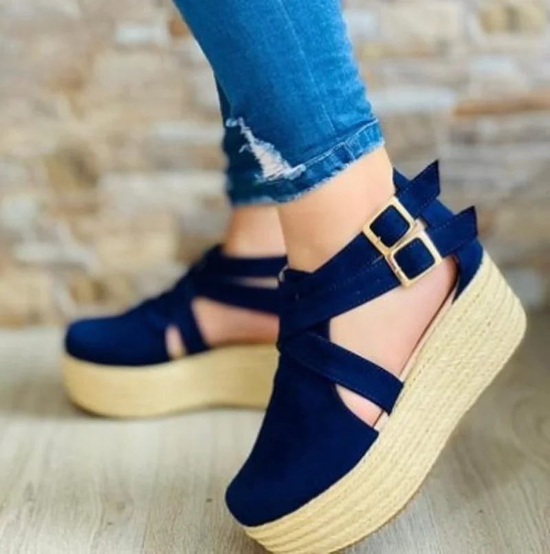 

Summer Women's Vintage Wedge Heel Sandals Woman Buckle Strap Straw Thick Bottom Platform Flats Female Flock Ankle Straps Shoes