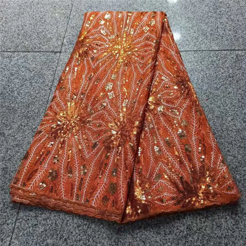 

High Quality orange African Nigerian Sequins Tulle Lace Fabric Embroidery Gauze Guipure Wedding Party Dress Fabric For Sewing