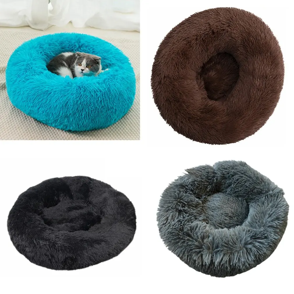 

Hot Round Plush Cat Bed House Cat Mat Winter Warm Sleeping Cats Nest Soft Long Plush Dog Basket Pet Cushion for Cats Accessories