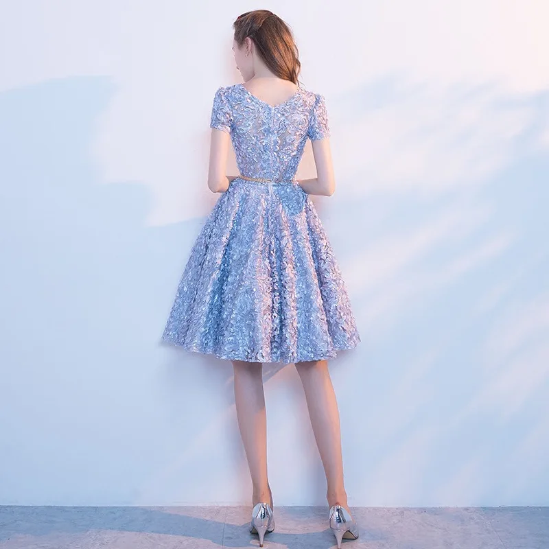 

Female Sweet Flower Appliques Trim A-Line Dresses Elegant O-Neck Formal Party Dress Short Sleeve Exquisite Banquet Gown