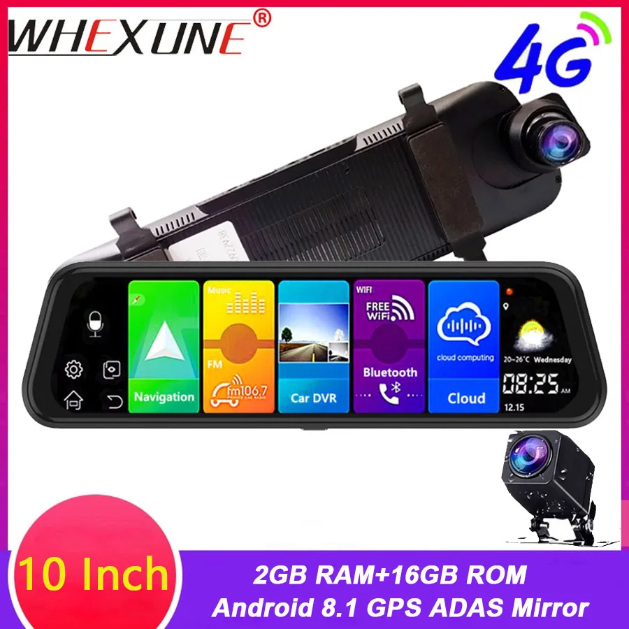 Зеркало-видеорегистратор WHEXUNE 10 дюймов 4G Android 8 1 2 + 32 ГБ ADAS Wi-Fi | Автомобили и