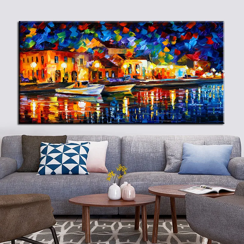 

HD Print Landscape Painting Small Town Boat Lake Wall Art Pictures Print on Canvas Canvas Painting Wall Pictures for Living Room