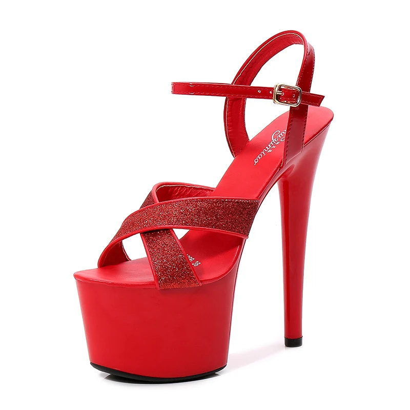 

Model Pole Dance 15 17 CM Cross Super High Heel Sandals Women Platform Nightclub Walking Show T Stage Performance Stiletto Shoes