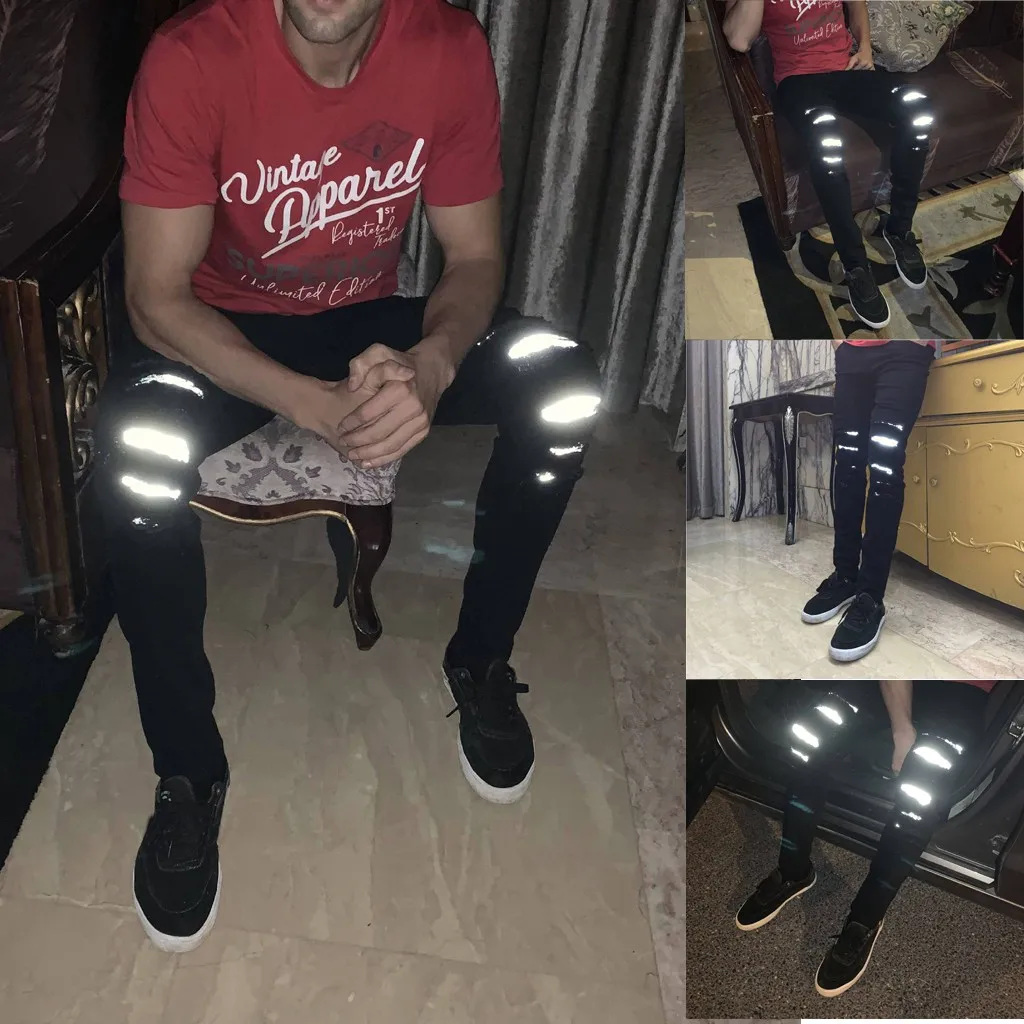 

Vogue Cool Boy men's Hole Reflective Denim Trousers Street clothing, Hole Fashion comfortable, Elastic Good Casual men's Pants