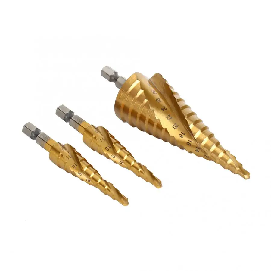 Набор сверл из быстрорежущей стали комплект 3 ступенчатых насадок с шестигранным