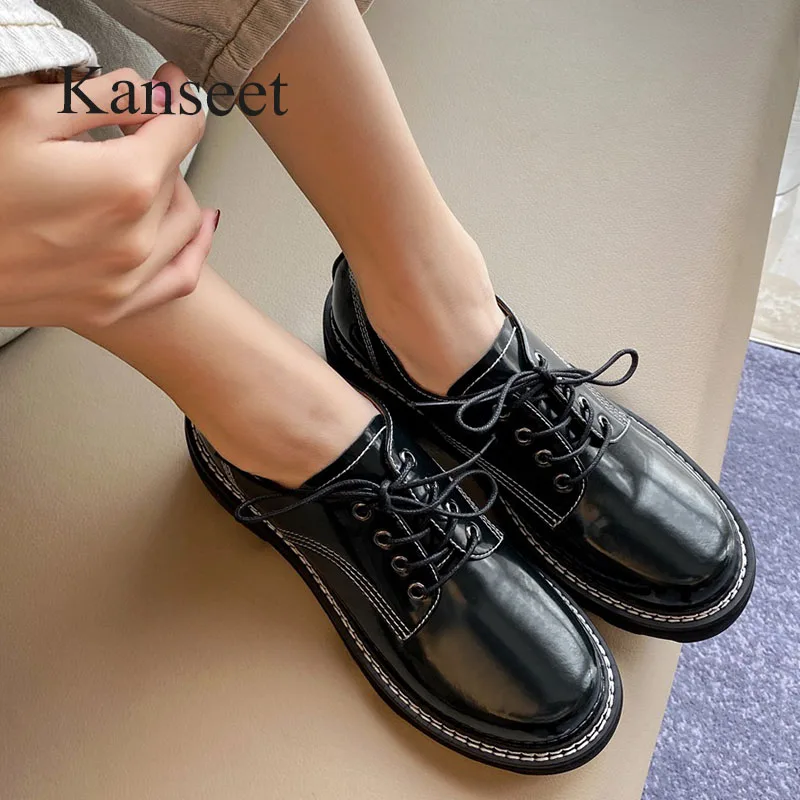 

Kanseet 2022 Spring Newest Women Shoes Round Toe Lace-Up Cow Leather Casual Handmade Chunky Heels Ladies Footwear Size 40 Black