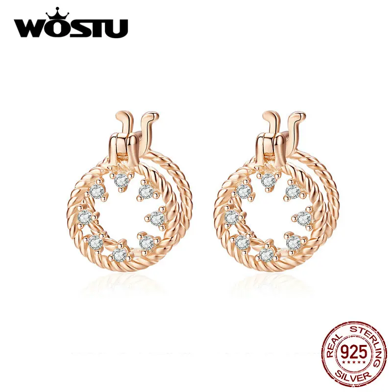 WOSTU, модные, 925 пробы, серебряные, трехмерные круглые серьги-гвоздики, розовое золото, серебро, 925 ювелирные изделия, свадебные серьги CQE697