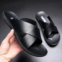 fashion mens real leather slippers summer new crossing slides mens leisure comfort flat sandals